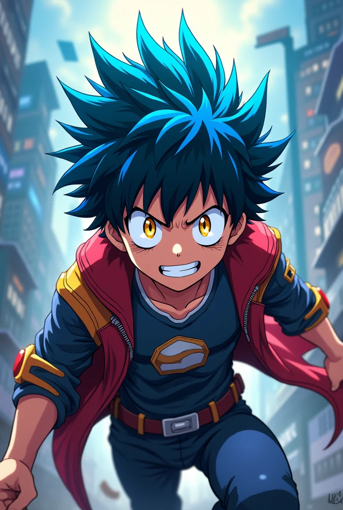 Young blue haired man with honey yellow eyes image style to Boku no hero academy