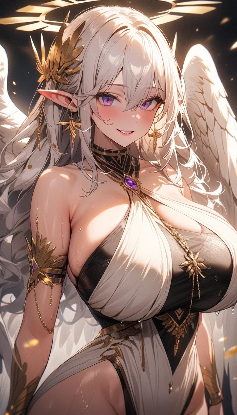 Demon queen, Light gray skin, Golden crown with giant pink diamond over forehead, long gray horns with golden wings, Big breast, Exposed naked body, Long light gray demon tail, long white hair. yellow eyes, light gray tentacles with gold rings on back.