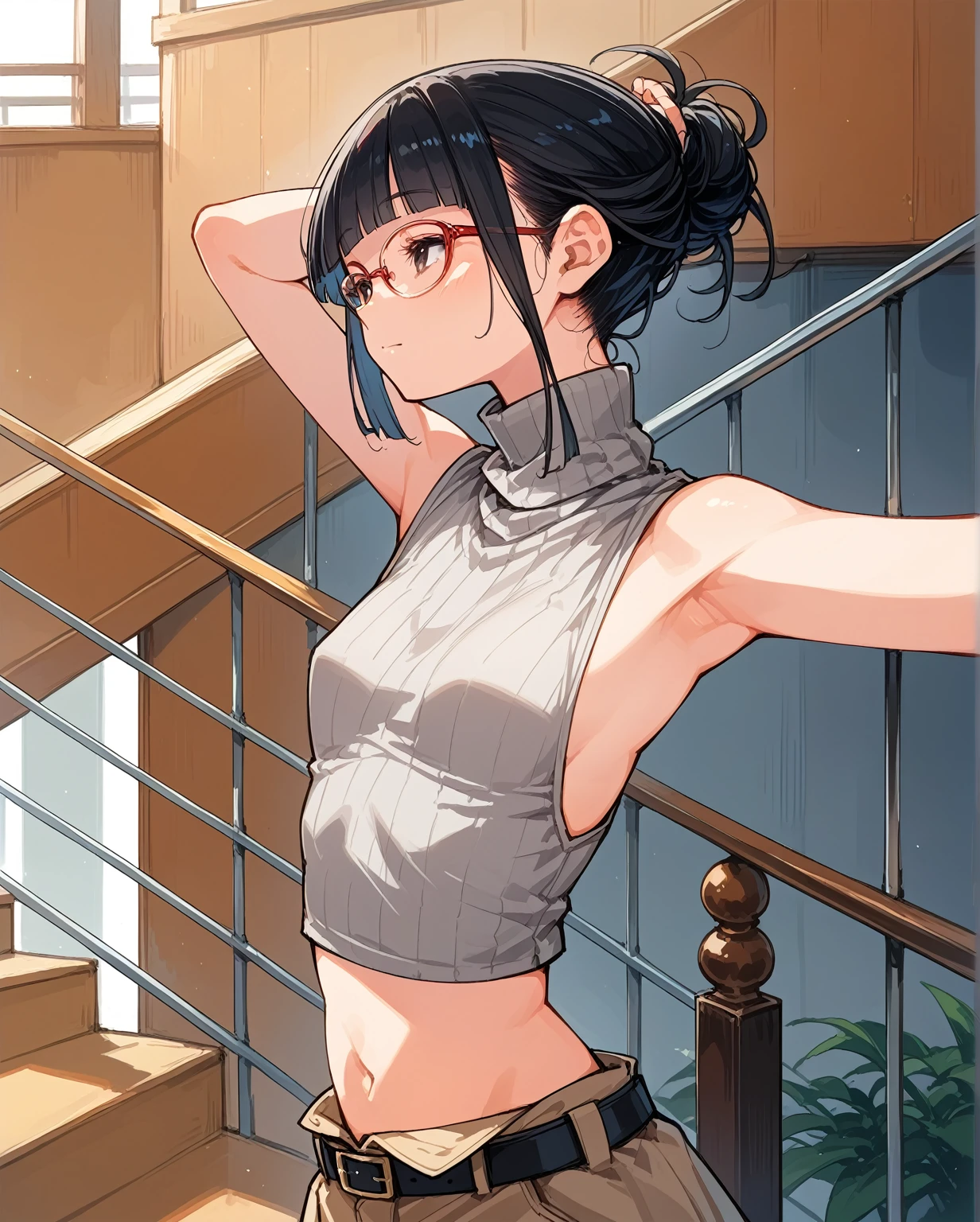 側面が完全に空いているデザインのSleeveless turtleneck,Exposed from the flank to the chest,Protruding ribs,Exposed waistline,Super low rise,Not wearing an inner layer、胸元が開いたデザインのSleeveless turtleneck,Exposed chest、Exposed flanks,sexy,Flat Chest,Focus on your audience,Very thin body,Anime Style,Slim figure,delicate,Glasses,Asian woman wearing a grey top posing on the stairs, Sleeveless turtleneck_With dowel, 脇が大きく開いているSleeveless turtleneck_Relaxed back design,rib cage,Side bust,Shoulders are wide open,sexyなWearing a crop top, Photo of slim girl model, Chiho, T-Top, shikamimi, Wearing a crop top, Real life anime girls, Kurohime cut hair, Chassis, 2 4-year-old female model
