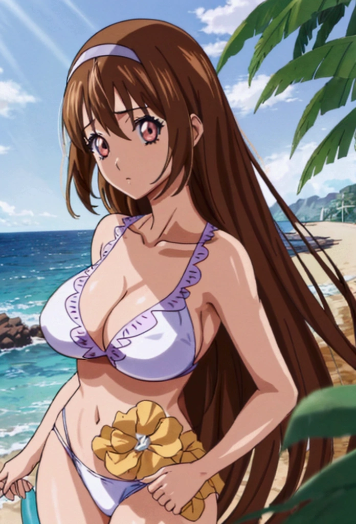 (Anime artwork, Anime Style, Studio Anime, Very detailed, up to date, Vibrant, Anime Coloring Book, High Contrast, masterpiece:1.2, Highest quality, Best aesthetics), (Beautiful and detailed eyes:1.2), 1 girl, Straight Long Hair, Large midchest, Hair Removal Hair Band, (White Bikini,Cleavage,Private beach with ocean backdrop), Asymmetrical bangs, Perfect Proportions, Skin with attention to detail, cute, Detailed face, (Cowboy Shot, Dynamic Angle:1.1),
