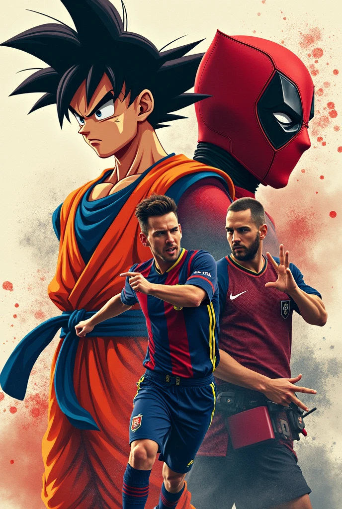 Create a collage of 4 Goku photos, Messi, Deadpool y eminem