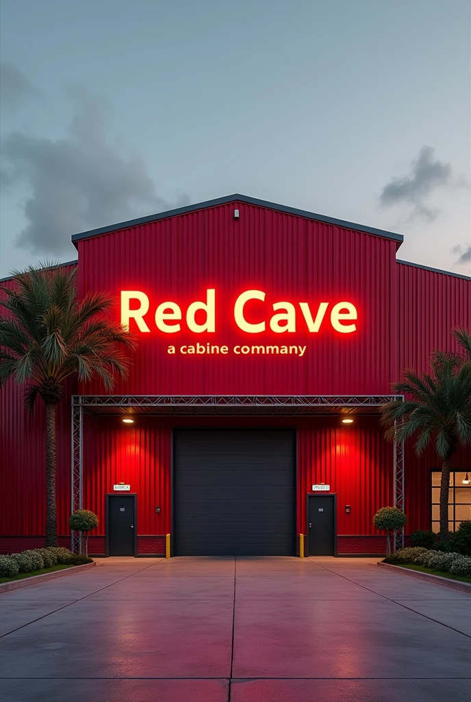 Commercial warehouse, with a red facade, metal in the shape of a warehouse, lights and palms on the outside, striking sign with the name "Red Cave" is a cabinet company, panoramic and aerial image with good projection of its name, two visible doors frontal