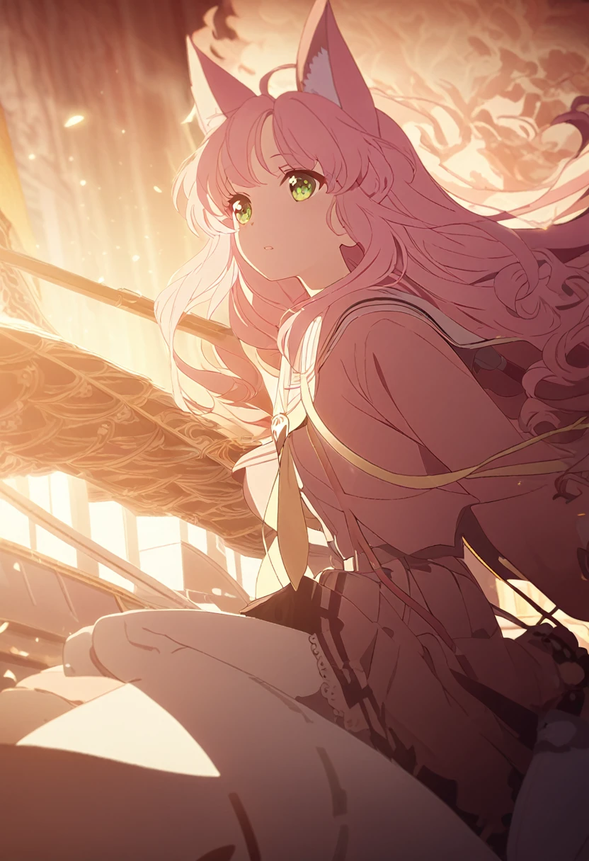 a Young girl, kitsune girl, long pink hair, green eyes, long kitsune ears, large and long pink tail, School uniform,, beautiful detailed eyes,  soft lighting, warm color palette, , cinematic composition, dramatic lighting, highly detailed, intricate details, Long curly hair, flying on top of a white dragon