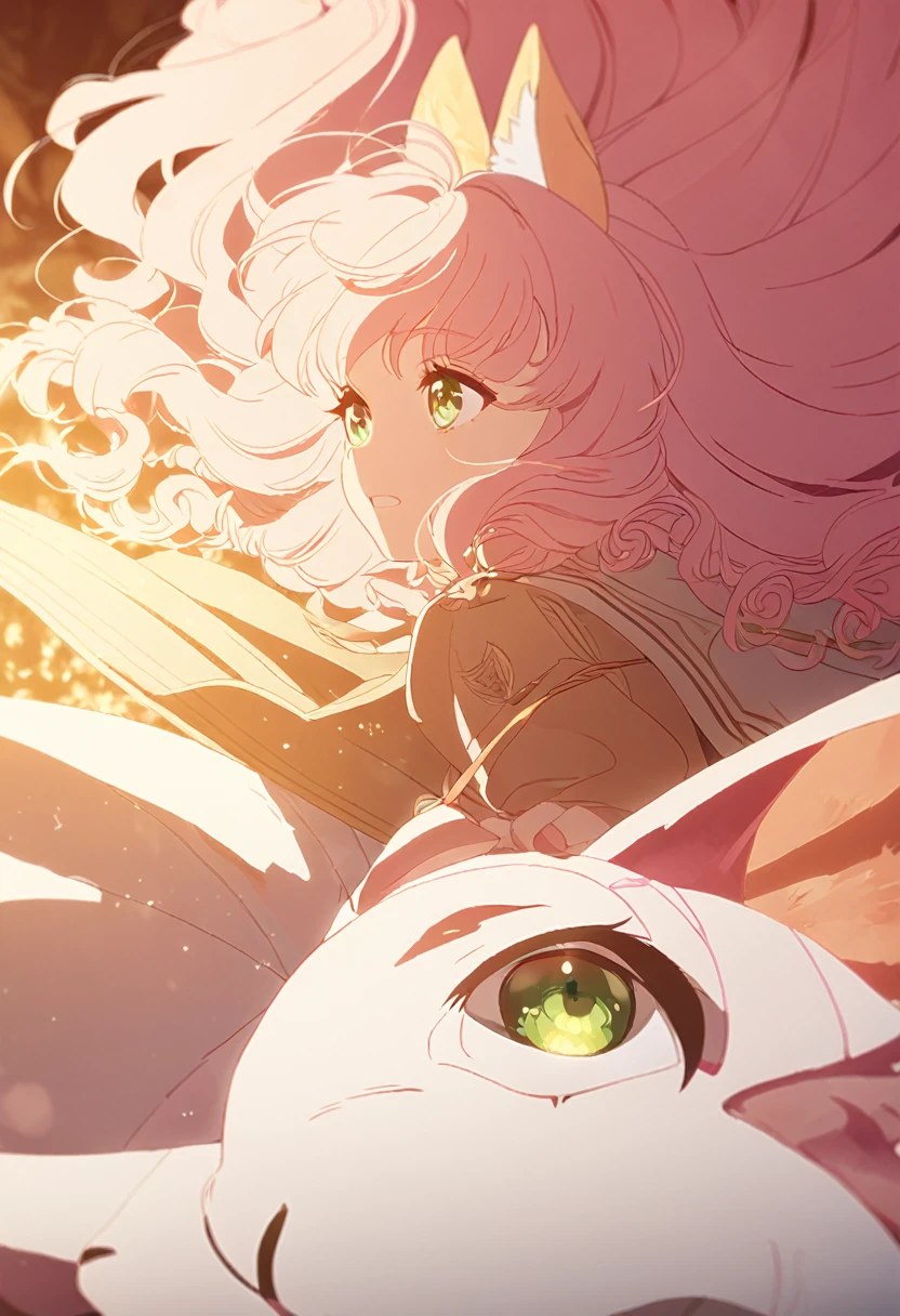 a Young girl, kitsune girl, long pink hair, green eyes, long kitsune ears, large and long pink tail, School uniform,, beautiful detailed eyes, soft lighting, warm color palette, , cinematic composition, dramatic lighting, highly detailed, intricate details, Long curly hair, flying on top of a white dragon