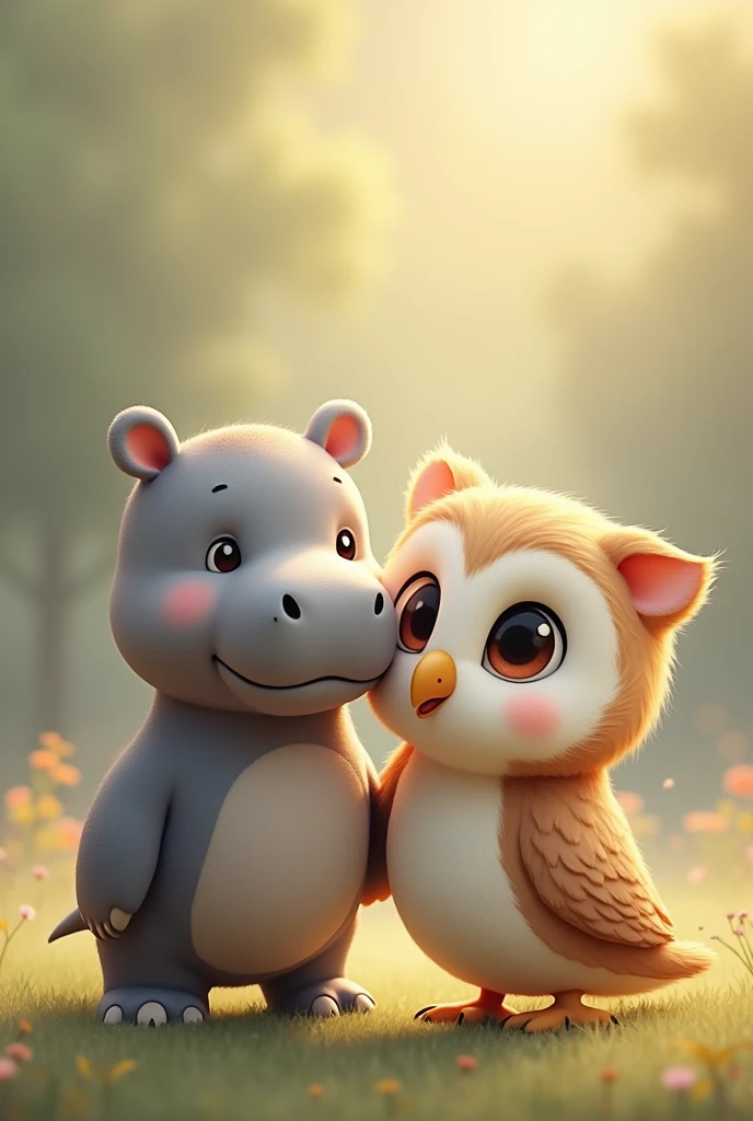 A romantic couple composed of an owl, cute big eyes and a cute grey hippo