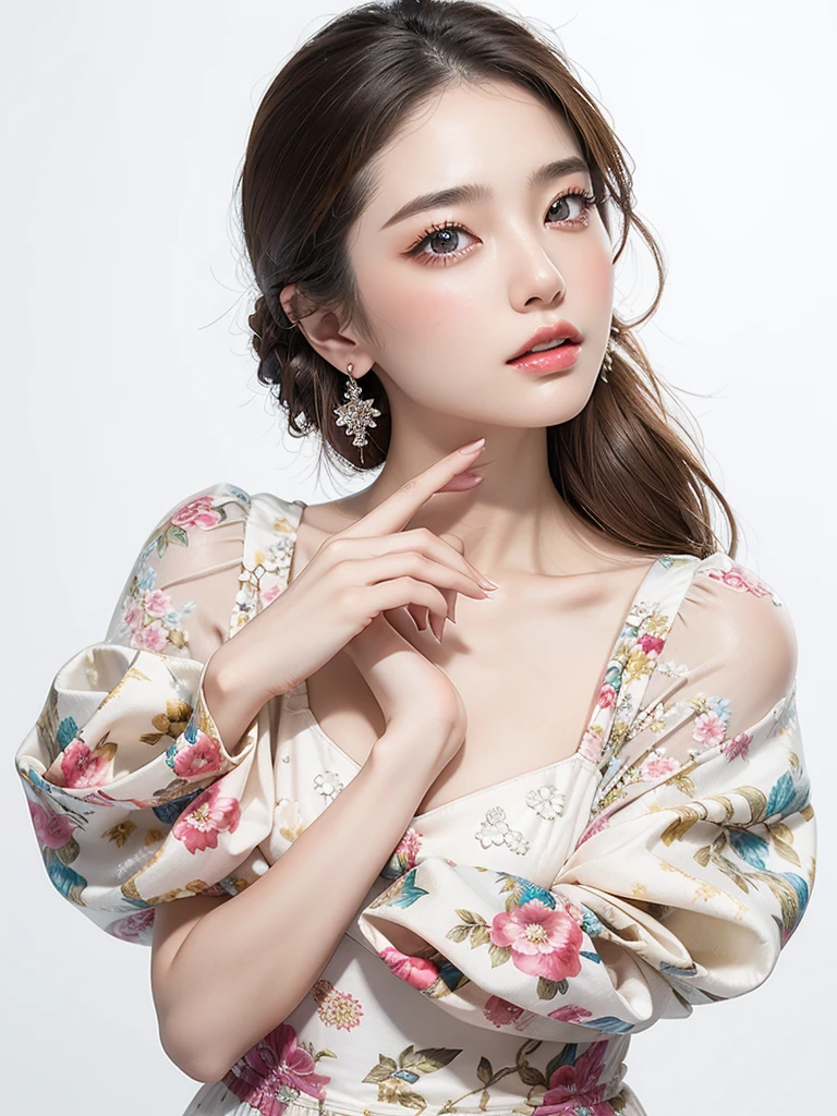 White Background、Professional Lighting、(((Professional Lighting 1.5)))、Translucent skin texture、Beautiful Skin、Beautiful Skin、、(((Whitening 1.5)))、、、音符のEcstasy、((Floral Dress 1.5))、Open your chest wide 1.4、Very good、Mid-shot photo、Simple Earrings、((Brown Hair))、Tie your hair、Sex Appeal、Sex Appeal、Ecstasy、(((Mid-shot photo1.5))、(((1.85)))
