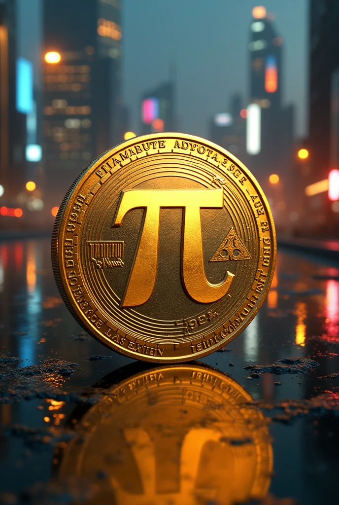 ((best quality)), ((masterpiece)), (detailed), perfect coin, gold coin, π in middle, city, cyberpunk, infinity, gas