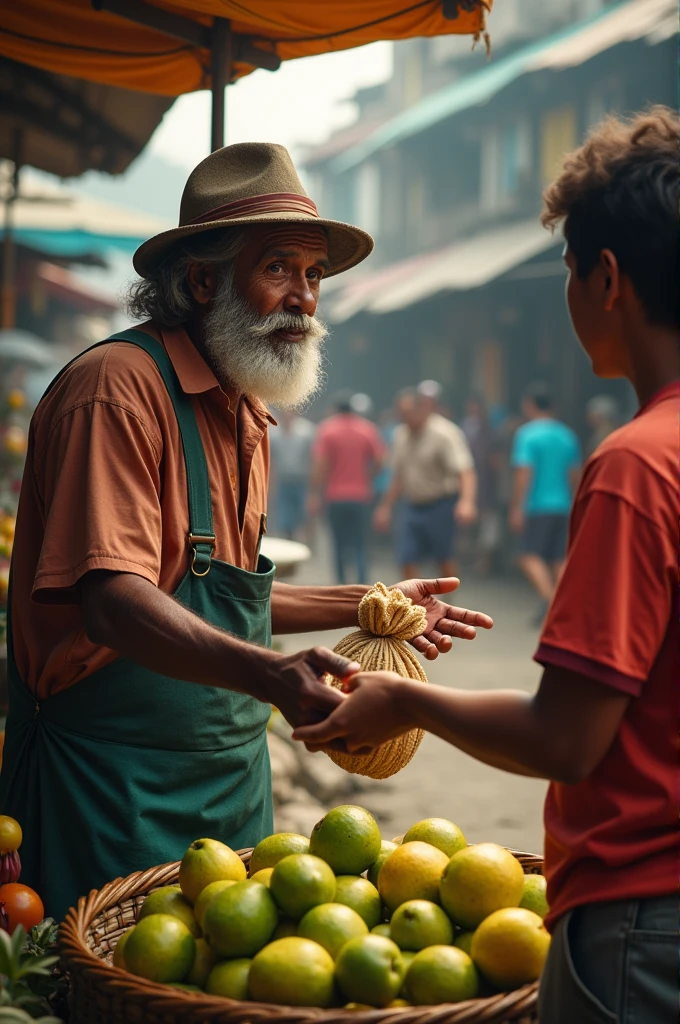 To hear the speach of guava seller be angry and take the guava from the man
