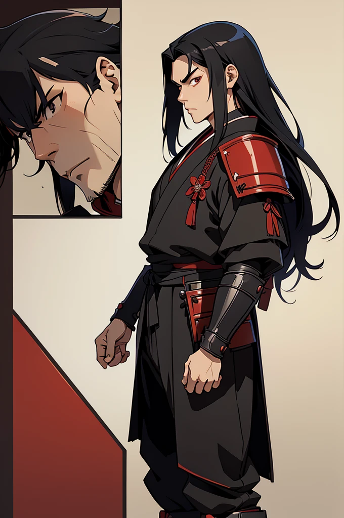 I want an anime character of a man of average height, long face, straight black hair, wearing crimson samurai armor, and I want