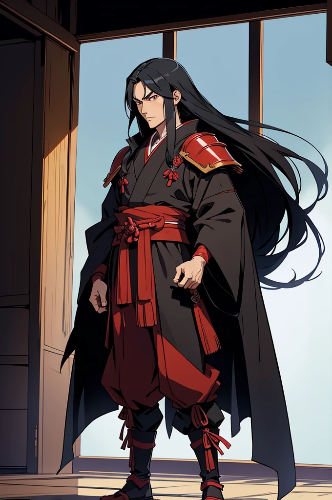 I want an anime character of a man of average height, long face, straight black hair, wearing crimson samurai armor, and I want 