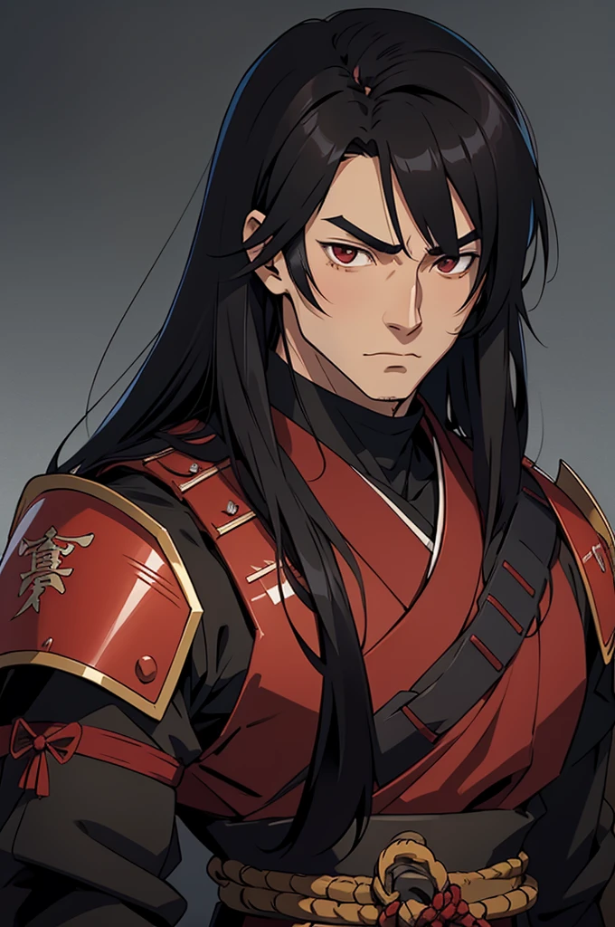 I want an anime character of a man of average height, long face, straight black hair, wearing crimson samurai armor, and I want 