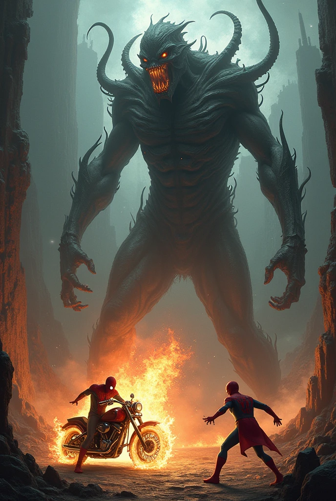 Make an image of Spider-Man and Ghost Rider fighting a creature that punches the ground in the Love Craft universe profile picture