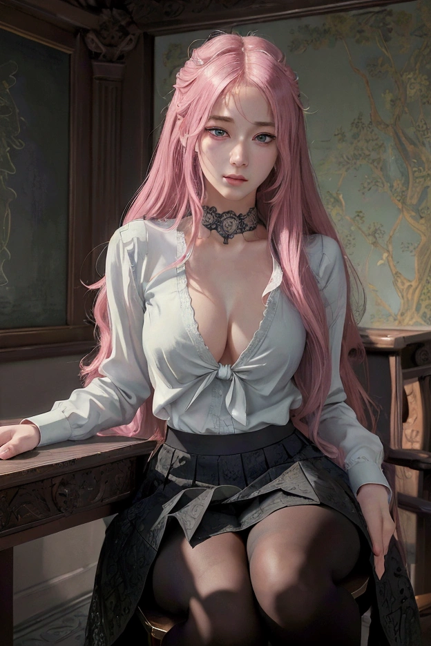 1woman, solo, long hair, pink hair, black choker, green eyes, one eye covered by hair, eyeliner, gorgeous lips, squats, classroom, school uniform, open shirt, skirt, tights on legs, sitting on desk, office uniform, tie, black underwear, (masterpiece), (best quality), (ultra-detailed), very aesthetic, illustration, perfect composition, intricate details, absurdres, full HD, (anime, masterpiece, intricate:1.3), (best quality, hires textures, high detail:1.2), (4k),(incredibly detailed:1.4), perfect anatomy, graceful face, slim, pointed nose, (nostrils:1.3), gorgeous lips, UHD, 8K, ultra detailed, a cinematic photograph of HDR photo of Closeup photo of a beautiful natural 18-year-old woman,