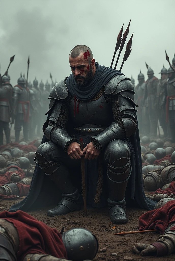 A knight in dark armor,full of arrows in his back holding himself with his back, and thousands of fallen warriors around him,without an arm,being on my knees