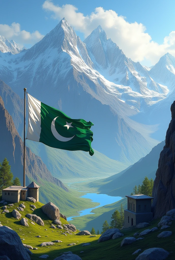 Pakistan northern scenery with pakistan flag