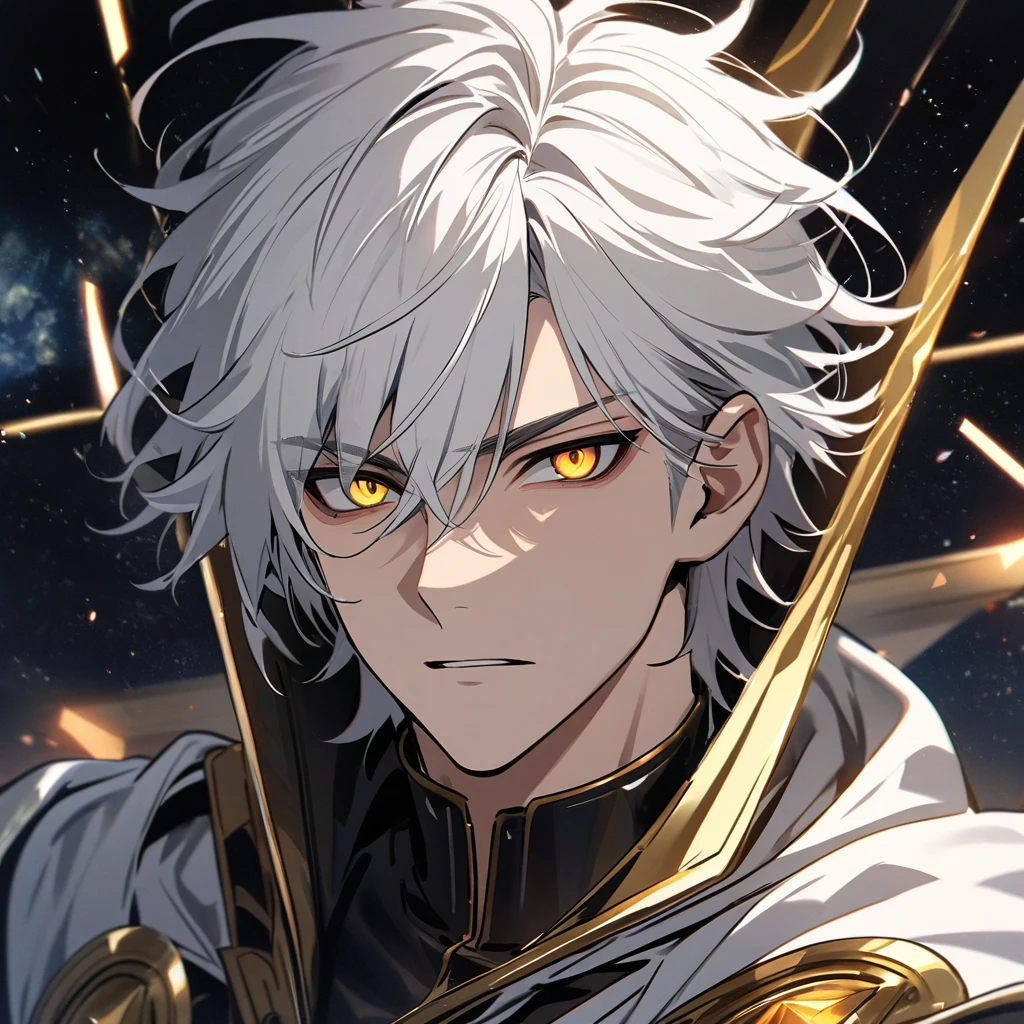 High quality, HD, 4k, no shadows, handsome male, handsome, 1male, 18 years old, mature, silky white hair, short white hair, white hair, silver hair, white colored hair, sharp eyes, deep gold colored eyes, dark gold colored eyes, deep gold eyes, gold eyes, devil may cry, close up, calm expression, stoic expression, black leather clothes, white leather clothing, lean body, well trained body, upper body, looking at viewer, cowboy shot, white solar, space background
