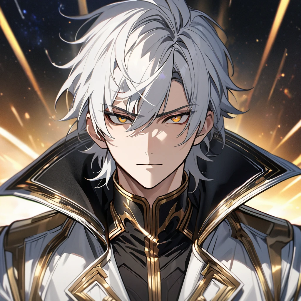 High quality, HD, 4k, no shadows, handsome male, handsome, 1male, 18 years old, mature, silky white hair, short white hair, white hair, silver hair, white colored hair, sharp eyes, deep gold colored eyes, dark gold colored eyes, deep gold eyes, gold eyes, devil may cry, close up, calm expression, stoic expression, black leather clothes, white leather clothing, lean body, well trained body, upper body, looking at viewer, cowboy shot, white solar, space background