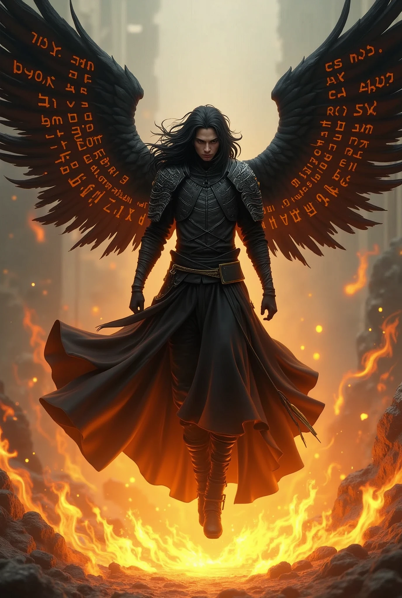 (Madara Uchiha ) (masculine) ( levitating) ( warrior armor ) ( long wavy black hair) (Black wings with Hebrew scriptures inscribed on them and set on fire) ( Golden Aura of Black Fire) ( Hide part of your face)
