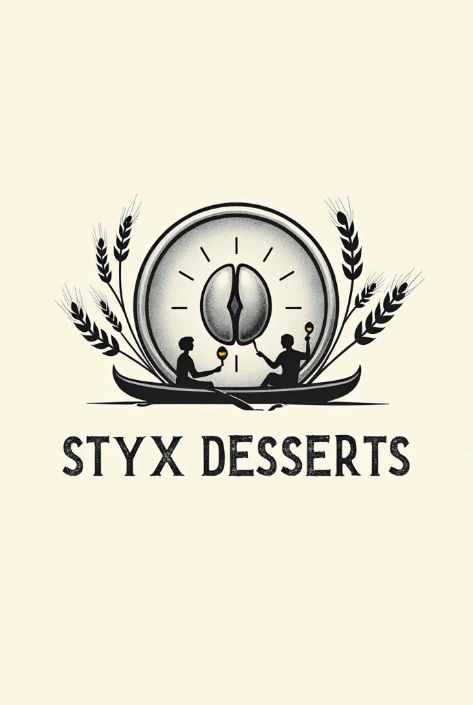 Minimalist coffee shop logo in the shape of a silver coin and royal shield,  with a coffee bean that simulates the sun, branches of wheat and two boatmen in their canoes with lamps in their hands looking inwards, that says Styx desserts in black and worn letters  