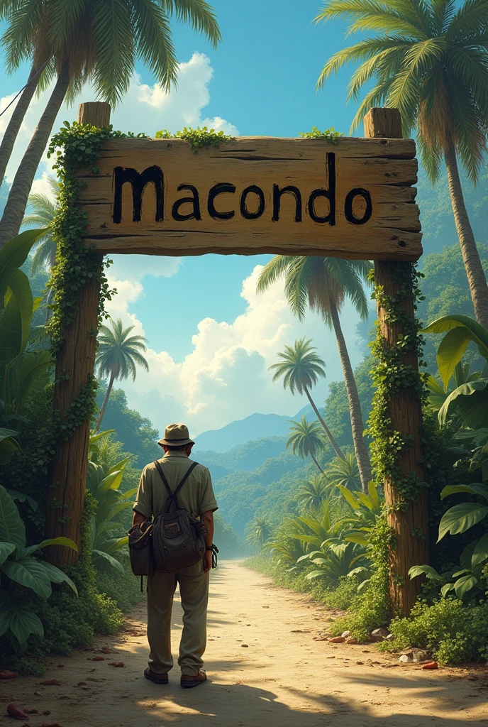 Forrastero arrives at the entrance sign to the Macondo town 100 years of solitude