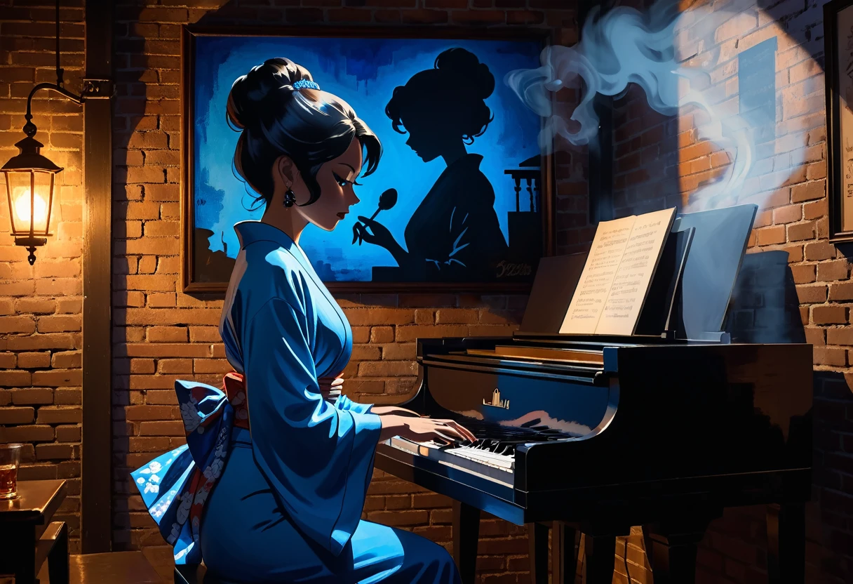 America　Silhouette of a woman in a kimono playing piano in a vintage jazz bar in New Orleans　Some paintings on a brick wall　A blue gas light is attached to the wall.　vintage　A smoky, dimly lit jazz bar　Shadow play　Whiskey bottle