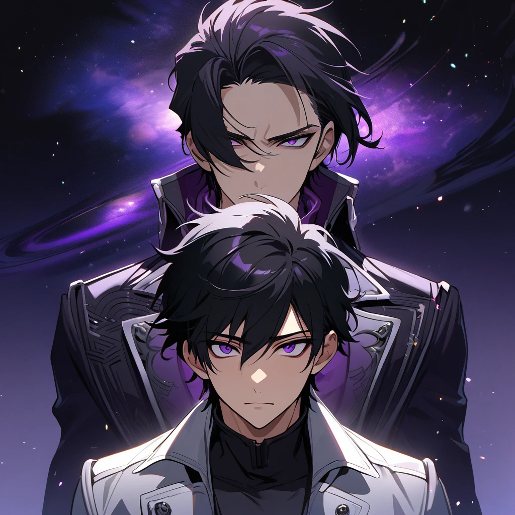 High quality, HD, 4k, no shadows, handsome male, handsome, 1male, 18 years old, mature, jet black hair, short black hair, dark hair, black hair, jet black hair, sharp eyes, deep purple colored eyes, dark purple colored eyes, deep purple eyes, purple eyes, devil may cry, close up, calm expression, stoic expression, black leather clothes, white leather clothing, lean body, well trained body, upper body, looking at viewer, cowboy shot, white solar, space background