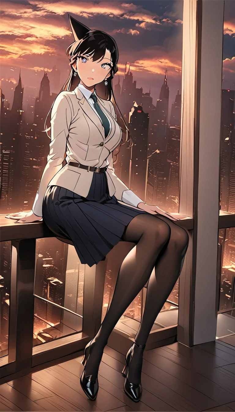 Secretary outfit，sexy beauty ,，A woman sitting on a ledge，legs crossed，With sky background,，black hair，（highest quality，masterpiece：1.2），Black stockings