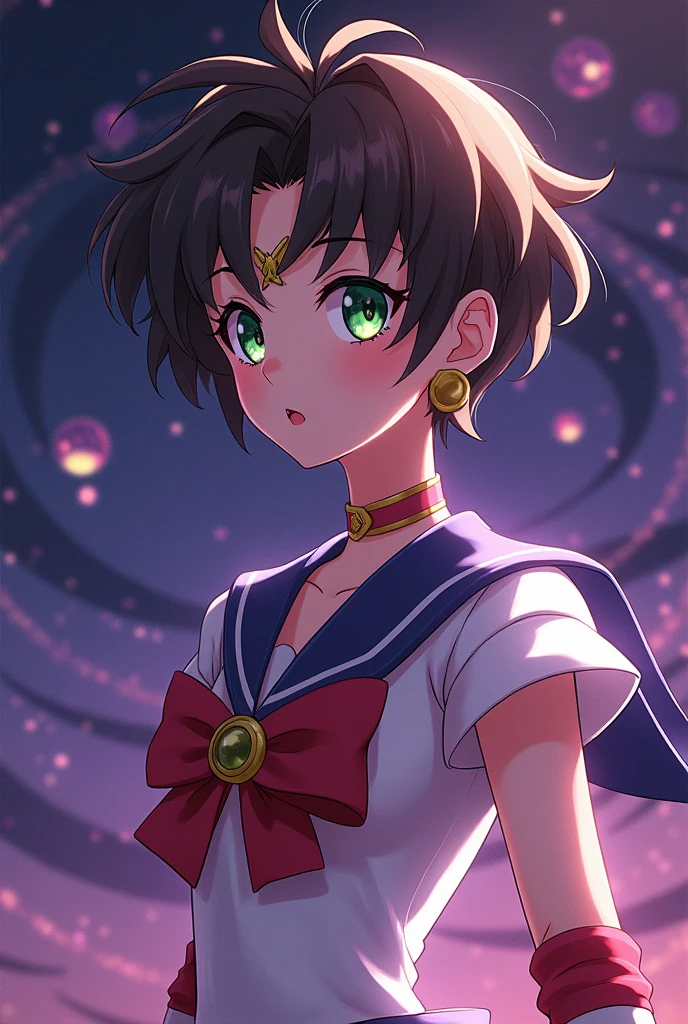 anime girl, green eyes, short brown hair, dressed in Sailor Moon Saturn transformation