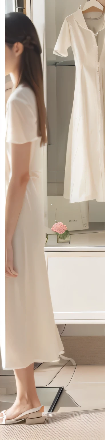 There is a blurry photo,Photo of a woman walking in front of a mirror, exhibit, Stylish design, Smooth surface, Smooth marble surface, Clarity、Smooth、Clean lines, Close-up portrait, translucent, Smooth porcelain skin, Dynamic comparison, sleek streamlined design, Clarity Details, ClaritySmooth lines, Depth Perception, Ultra-fine hyper-realistic details, Bottom Angle