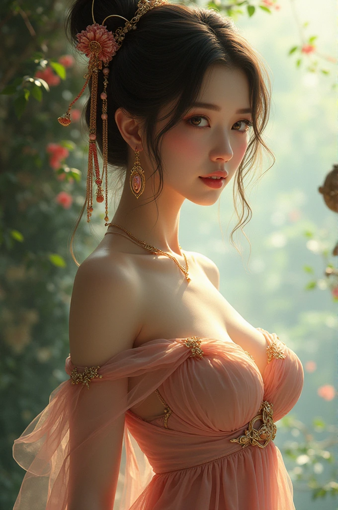 Best quality, masterpiece, meticulous detail, photorealistic, high res, 8k RAW photo, 1 girl, anatomically correct, a hot beautiful lady in the heavenly blossoms, big breast, big hips, long leg, full body, lust and sensual theme, sexy, smiling