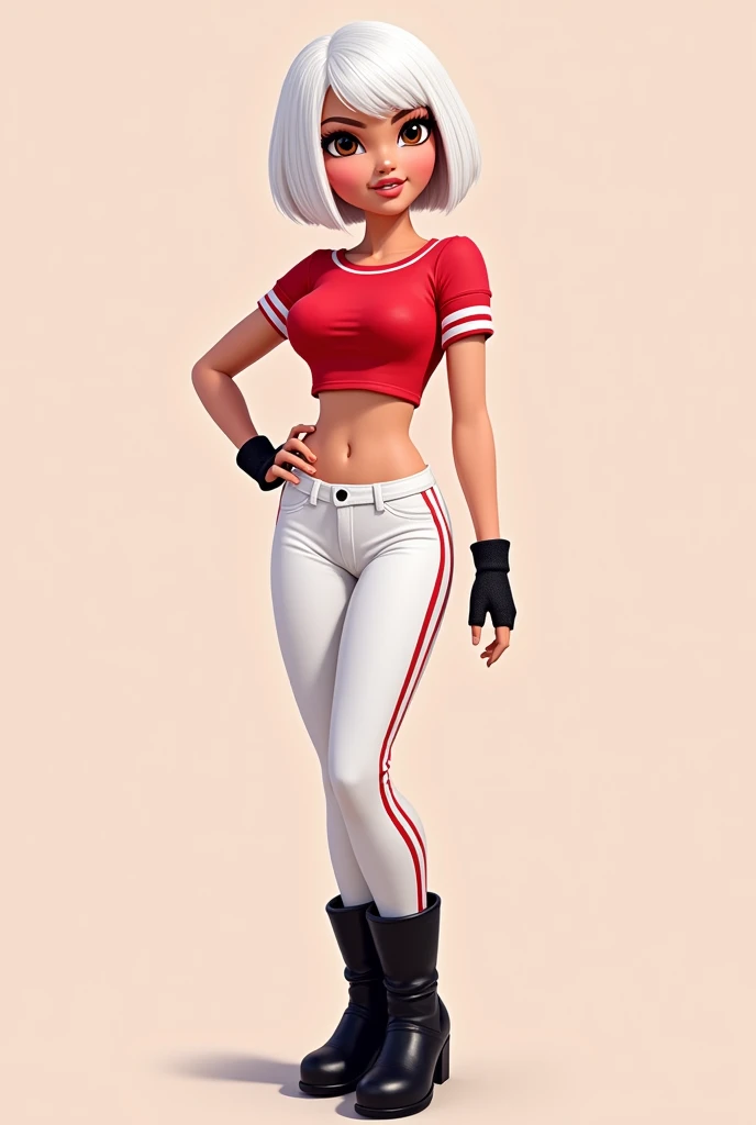 Barbie cartoon style, with brown eyes,short white hair ,dressed in a red crop top with white stripes,white pants,and black boots