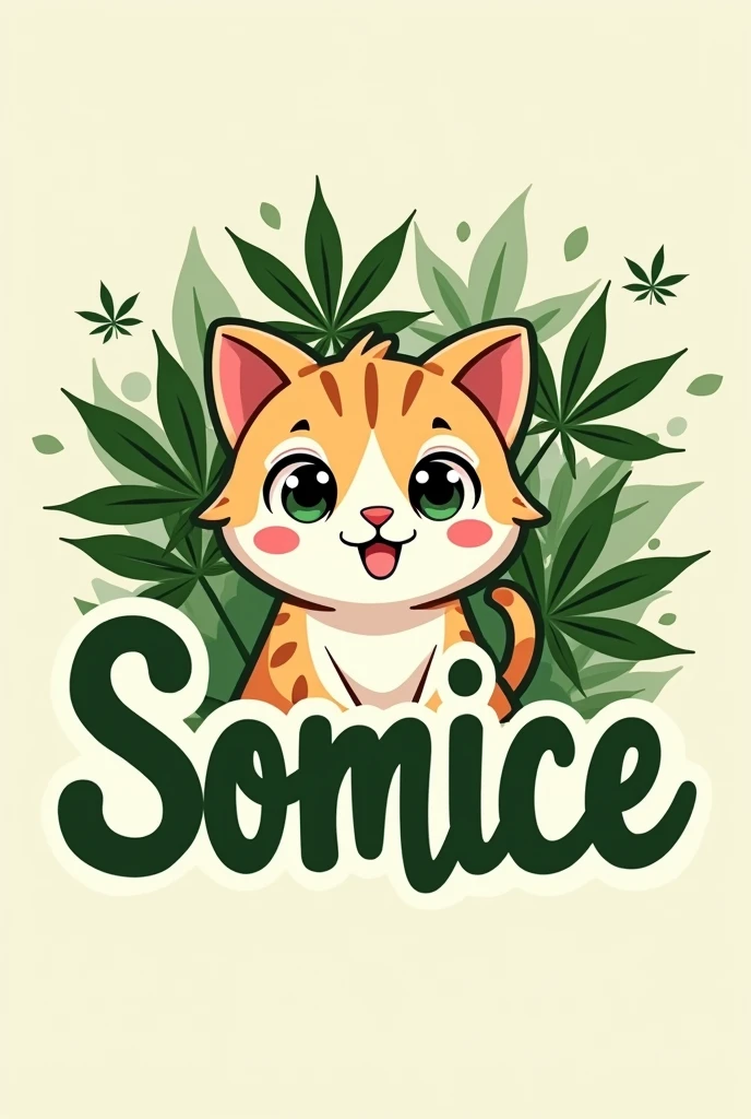 Somice Cannabis Shop logo, Japanese style, with cat, cannabis leaves, green letters