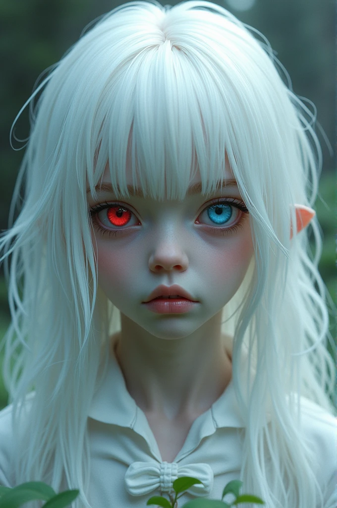 an albino hybrid boy, waist length hair, red and blue bicolor eyes