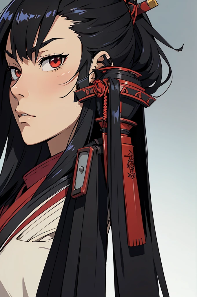 I want an anime character of an average-height man with a long face, straight black hair, wearing crimson samurai armor, and I want to see the character from several angles.: Front, side, and rear.