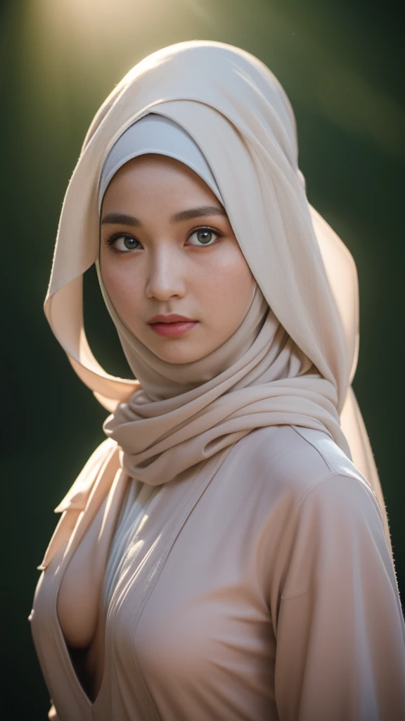 very beautiful indonesian girl, tight shirt, mongolian, (((hijab))), very large chest size, clothes with open chest, visible nipples, reflected light, chiaroscuro, depth of field, cinematic lighting, Ray Tracing, Sony FE GM, UHD, detail super, masterpiece, textured leather, high detail, best quality, award winner,3D,HdR(HighDynamicRange),Ray Tracing,NVIDIA RTX,Hyper-Resolution,Unreal 5,SubsurFace Scattering、pbr texture、post-proces、Anisotropy Filtering、depth of fields、maximum definition and sharpness、Many-Layer Textures、Albedo and Specular maps、Surface coloring、Accurate simulation of octane rendering of light-material interactions、Two-color light、large aperture、Low ISO、White balance、rule of thirds、8K raw data