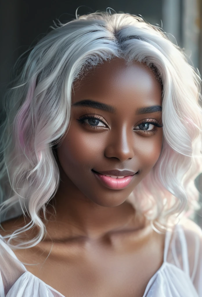  beautiful smile expression (((darkskin:1.5))) androgen:1.3, ((darkskin:1.5)), (((White hair))), ethereal darkskin beauty,blue piercing eyes,long flowing White hair,darkskin complexion,soft pink lips,sensual behavior,seducing gaze,graceful pose,subtle makeup,pure white dress,Delicate features,striking contrast with the environment,soft natural light,subtle shadows,ethereal atmosphere,swirly vibrant colors,dream scenario,romantic atmosphere,artistic portrait,highly detailed rendering,Photorealistic quality. 