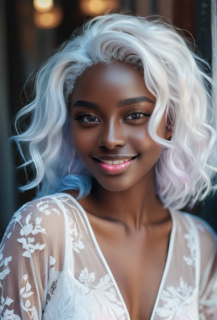 beautiful smile expression (((darkskin:1.5))) androgen:1.3, ((darkskin:1.5)), (((White hair))), ethereal darkskin beauty,blue piercing eyes,long flowing White hair,darkskin complexion,soft pink lips,sensual behavior,seducing gaze,graceful pose,subtle makeup,pure white dress,Delicate features,striking contrast with the environment,soft natural light,subtle shadows,ethereal atmosphere,swirly vibrant colors,dream scenario,romantic atmosphere,artistic portrait,highly detailed rendering,Photorealistic quality.
