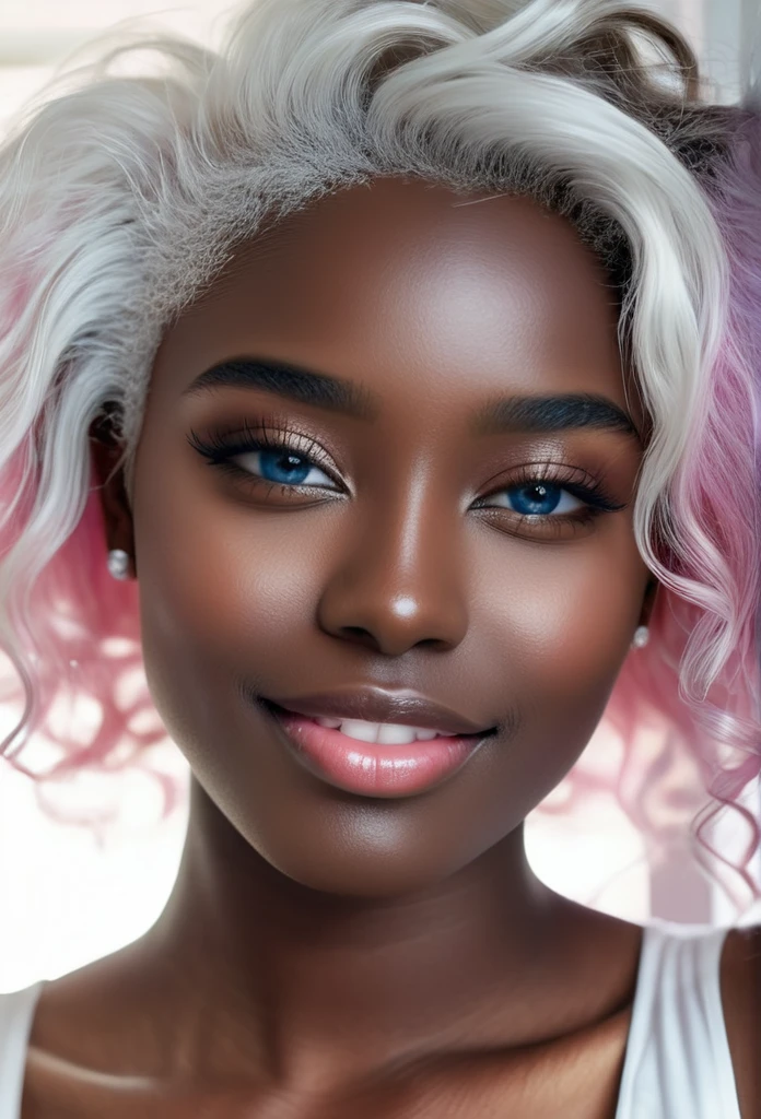  beautiful smile expression (((darkskin:1.5))) androgen:1.3, ((darkskin:1.5)), (((White hair))), ethereal darkskin beauty,blue piercing eyes,long flowing White hair,darkskin complexion,soft pink lips,sensual behavior,seducing gaze,graceful pose,subtle makeup,pure white dress,Delicate features,striking contrast with the environment,soft natural light,subtle shadows,ethereal atmosphere,swirly vibrant colors,dream scenario,romantic atmosphere,artistic portrait,highly detailed rendering,Photorealistic quality. 