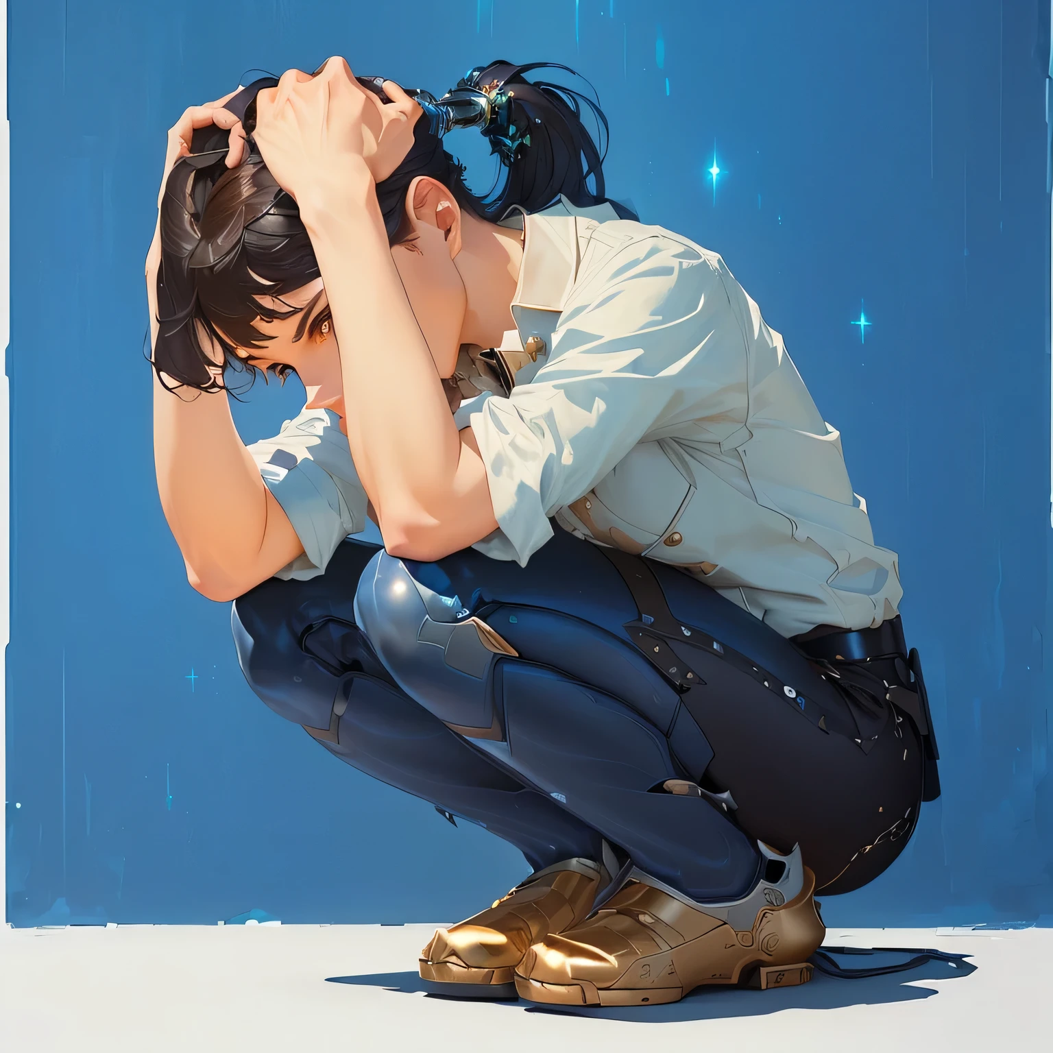 masterpiece, Highest quality, (Highly detailed CG Unity 8k wallpaper), (Highest quality), (Best illustrations), (Best Shadow), Absurd, Realistic lighting, (abyss), Beautiful sparkle, art:PeterMohrBacher,Sit with one knee on the ground