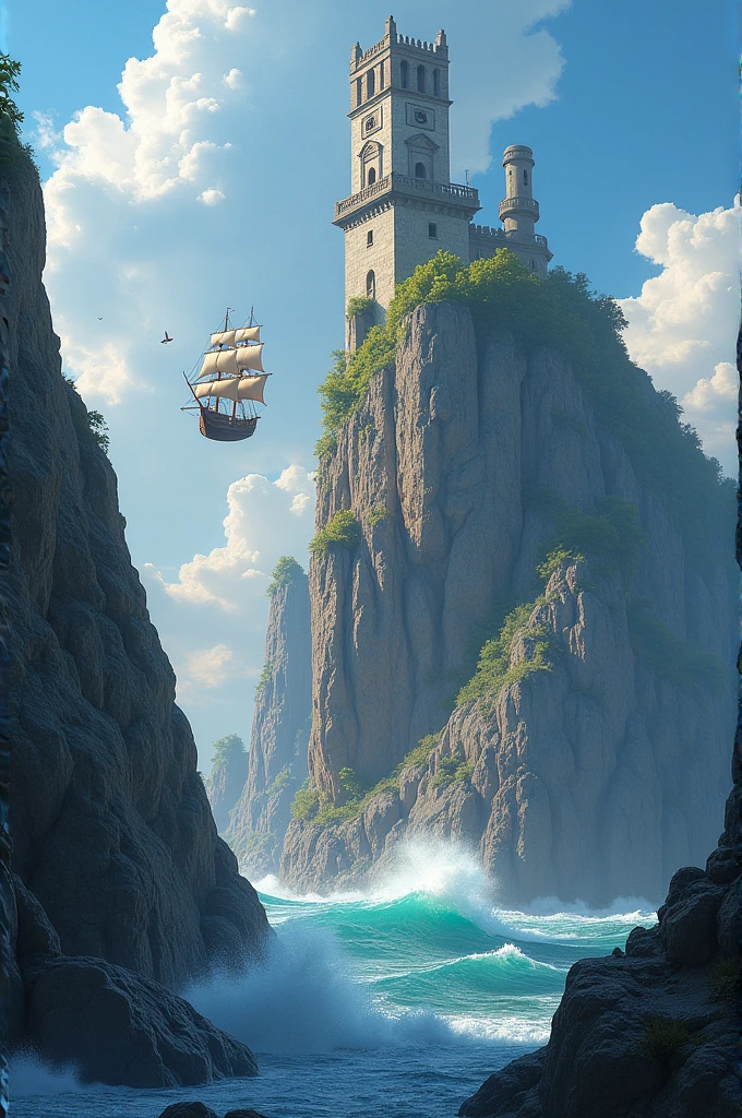 A cliff, with a tower on top and two ships flying overhead