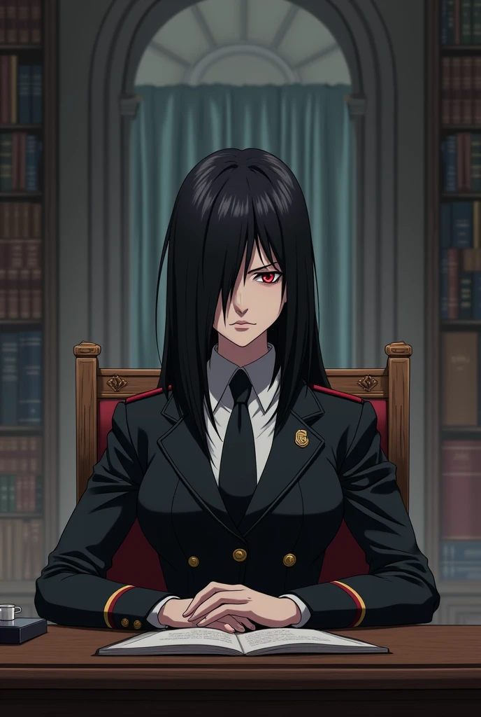 Dictator villain anime girl in her office with hair covering one eye 2D Animation