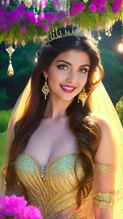 (a beautiful woman in a stunning gown of flowing silk with a radiant smile and captivating eyes),vibrant colors,highres,ultra-detailed,sharp focus,soft lighting,realistic,fantasy-inspired,portraits,subtle color palette,ethereal glow,fairytale,graceful,pastel shades,enchanted garden,lovely flowers,twinkling lights,whimsical ambiance