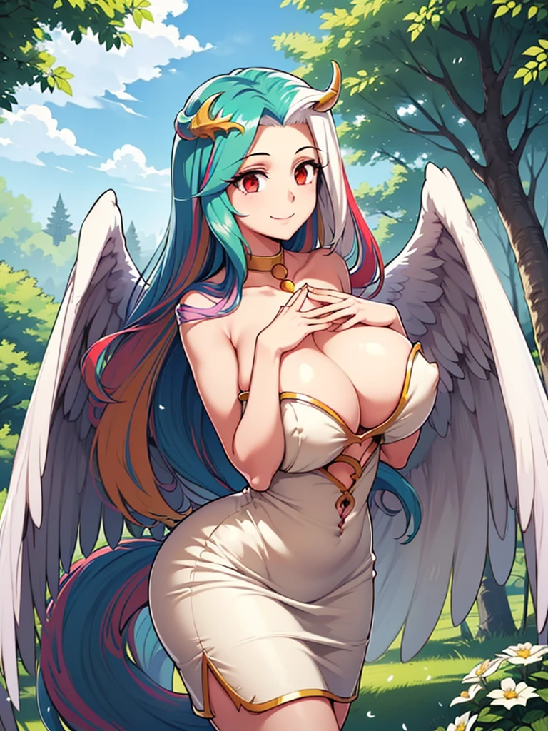 great quality ++ Extremely detailed high resolutionolution, very aesthetic, expressive eyes, (((perfect face))), (((face symmetrical))), ((good anatomy)), (((perfect hands))), (((8k))), UHD, HD wallpaper, (((detailed high cal, (((((1girl)))))), only, masterpiece, The best quality, high resolution, Highly detailed, (illustration), beautiful detailed eyes, (((combatant))), (((1girl))), ((((fulll body)))), (((((((irisviel von einzbern)))))), (((((princess celestia)))), ((((human form)))), (((((smile))))), ((humanized princess celestia)), Celestia, Celestia de My Little Poni, Celestia in milf form, long wavy hair, (((red eyes))), (((strapless tube dress))), (((white dress))), (((milfication))), (((mature female))), (((gigantic breasts))), (((white pony ears))), (((wings))), (((Detailed fingers))), Precise fingers, Not unnatural hands, strange eye, Greek columns, exterior, beautiful majestic forest, vine leaves surrounding the columns, flower bushes everywhere, clear sky, bright sunny day, ((((Multicolored Hair))), heavenly forest,