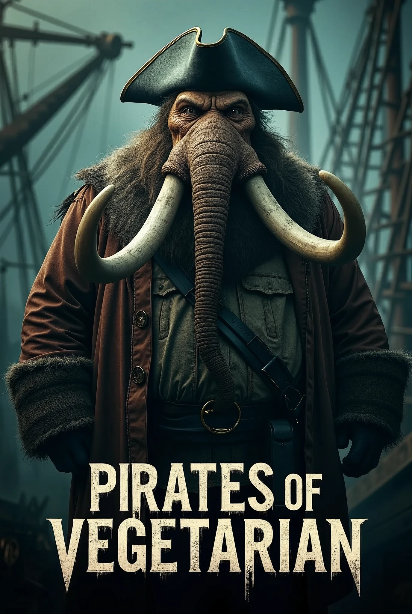 Create a cinematic poster featuring photorealistic portrait of Dressed animals - a ((fat)) mammoth pirate, , wearing pirate costume and pirate hat , with a serious, intense expression, He should be slightly off-center in the composition, The background should be dark and gritty, pirate's ship with smoky or grunge textures, Use a color scheme of black, deep blues, and dark greens, with subtle silver or gold accents to capture the show's mood, At the bottom of the poster, place the text "PIRATES OF VEGETARIAN" in large, bold, distressed letters, in a sans-serif font. The text should have a cinematic style, with slight shadow or glow effects to make it stand out against the background.