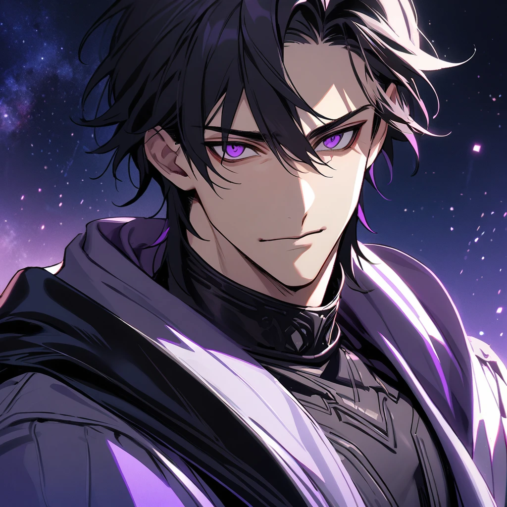 High quality, HD, 4k, no shadows, handsome male, handsome, 1male, 18 years old, mature, jet black hair, short black hair, dark hair, black hair, jet black hair, sharp eyes, deep purple colored eyes, dark purple colored eyes, deep purple eyes, purple eyes, devil may cry, close up, calm expression, stoic expression, black leather clothes, white leather clothing, lean body, well trained body, upper body, looking at viewer, cowboy shot, white solar, space background