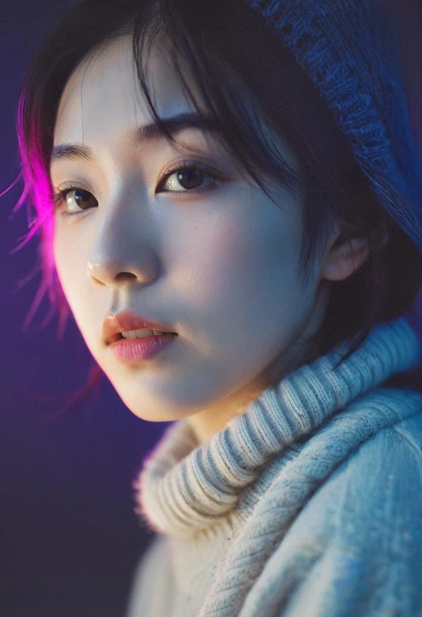 xx mix, Silhouette of a 25 year old Japanese woman , Neon Light Background, Oversized sweater, Half Body, Have a mobile phone, Side view, looking at the camera,xx mix_Cathecat, dfdd