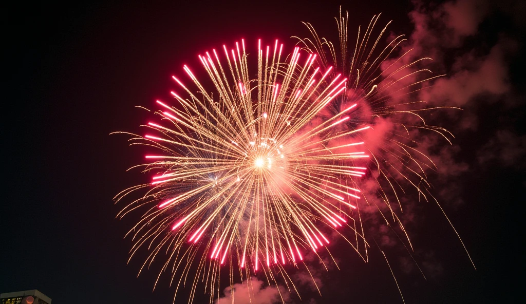 (best quality, masterpiece, ultra detailed, ultra high res, photorealistic, raw photo, absurdres, absolutely resolution), Close-up of fireworks exploding in the night sky