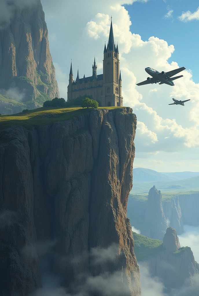 A cliff, with a tower on top and two planes flying overhead