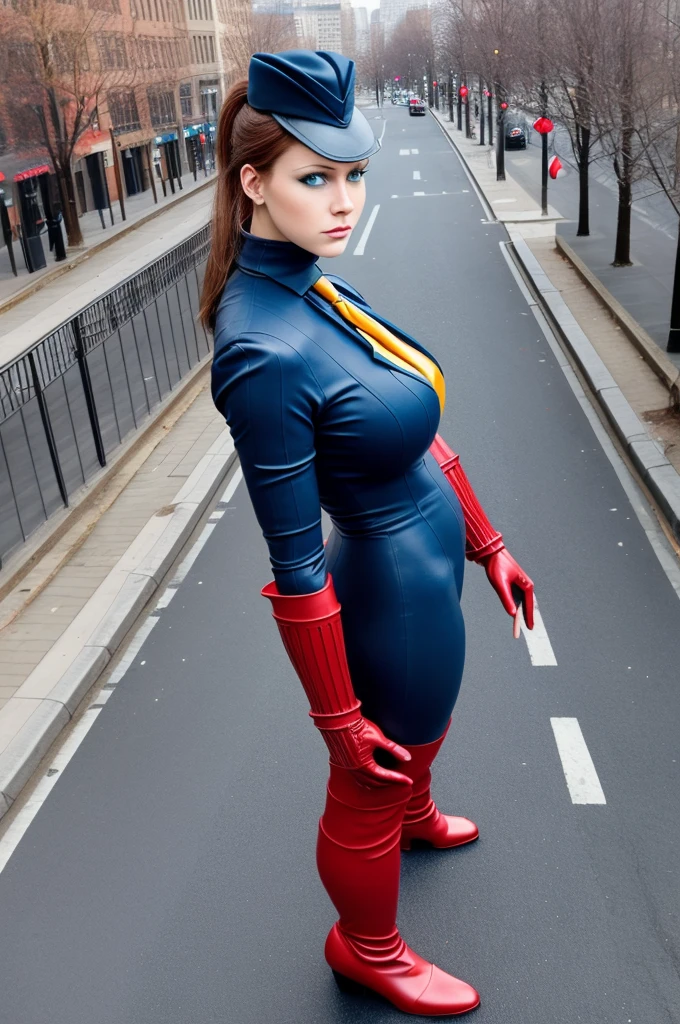 masterpiece, best quality, sfJuli, blue eyes, brown hair, hat, necktie, red gloves, ribbed bodysuit, large breasts, black boots, from above, standing, emotionless, fists, from side, outdoors, city