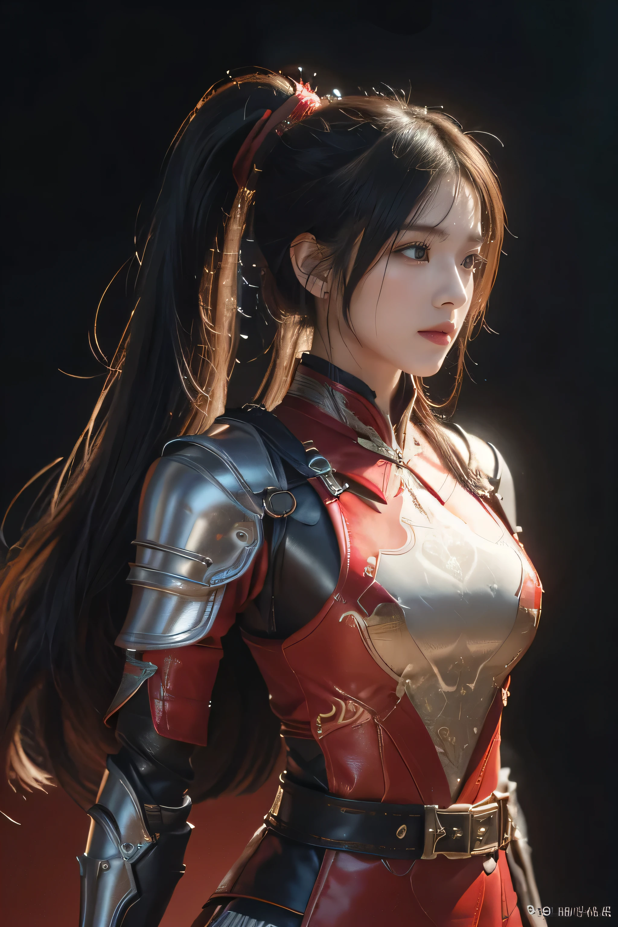 masterpiece,best quality,high resolution,8k,,((head close-up)),original photo,real photo,forest background((Wild background)),digital photography,(Female general on the battlefield of Han),18 year old girl,(Long ponytail hairstyle),chapped lips,noble and charming,Elegant and serious,(한나라 Armor,Combination of white metal and red leather,openwork design,Armor,기사 Armor,metallic lusters,leather buckle,Cool and gorgeous chest)),chest home,Three Kingdoms character drawing style,Photo Pose,oc rendering reflection texture,Light shades,towards the camera,Camera facing the body